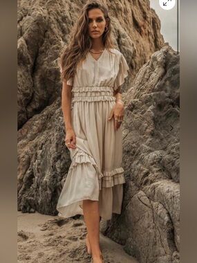 Soft Ruffle V-Neck Maxi Dress in Light Gray